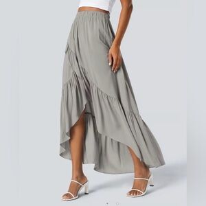 New Halara High Waisted High Low Ruffle Hem Flowy Maxi Skirt Gray SMALL Pull On